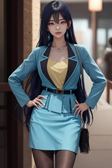 masterpiece, best quality, highres, 1girl ayano yuugiri, earrings necklace blue jacket shirt belt blue skirt pencil skirt black pantyhose earrings necklace <lora:ayano_yuugiri:1> standing, hand on hip, photorealistic