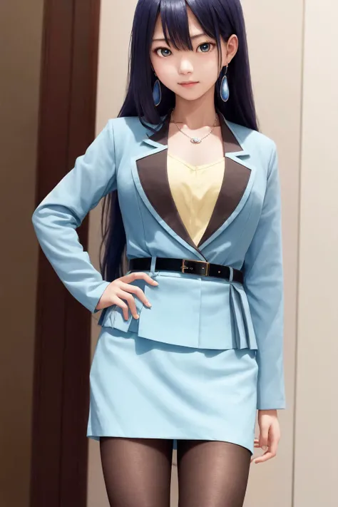 masterpiece, best quality, highres, 1girl ayano yuugiri, earrings necklace blue jacket shirt belt blue skirt pencil skirt black pantyhose earrings necklace <lora:ayano_yuugiri:1> standing, hand on hip