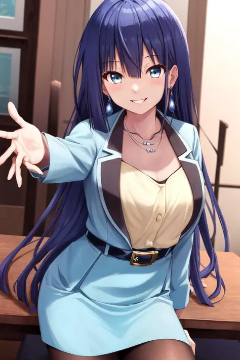 masterpiece, best quality, highres, 1girl ayano yuugiri, earrings necklace blue jacket shirt belt blue skirt pencil skirt black pantyhose earrings necklace <lora:ayano_yuugiri:1> outstretched arms, reaching out, smile