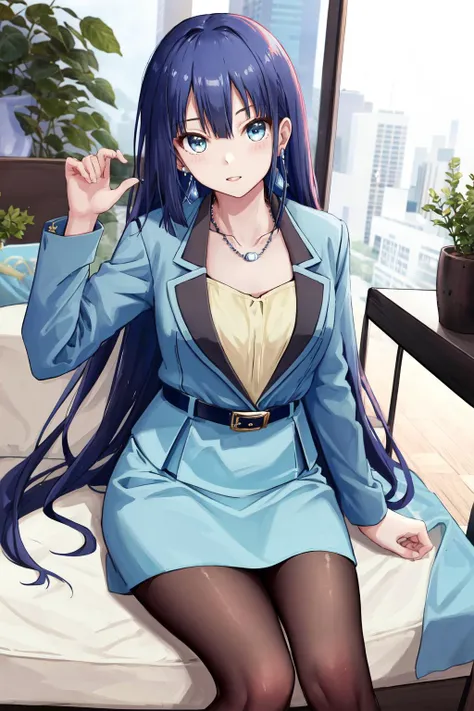 masterpiece, best quality, highres, 1girl ayano yuugiri, earrings necklace blue jacket shirt belt blue skirt pencil skirt black pantyhose earrings necklace <lora:ayano_yuugiri:1> sitting