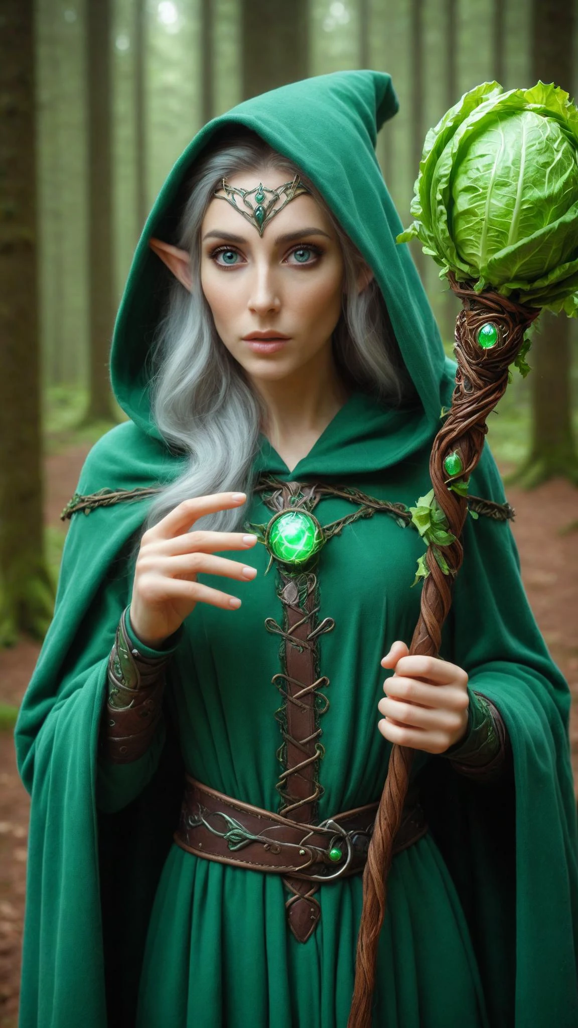 photograph of an elven druid woman, cosplay druid robe, carrying the orbstaff of bio lettuce, judging you with her vegan eyes, kingdom of the elves, ultra realistic, <lora:elves_xl_v1:0.6> <lora:XL_Weapon_Orbstaff_-_By_HailoKnight:0.8>