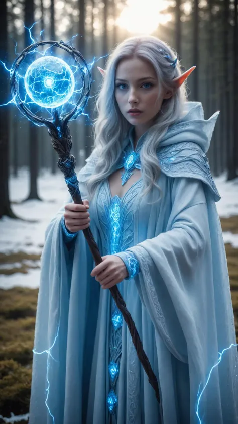 photograph of a woman in a hero pose, cosplay ice sorceress robe covered in blue LED circuits, carrying an orbstaff crackling with bio-luminescent magical energy, real polar landscape, flattering lighting, hard natural light, ultra-realistic, (3/4 headshot:1.3), <lora:XL_Weapon_Orbstaff_-_By_HailoKnight:0.6>