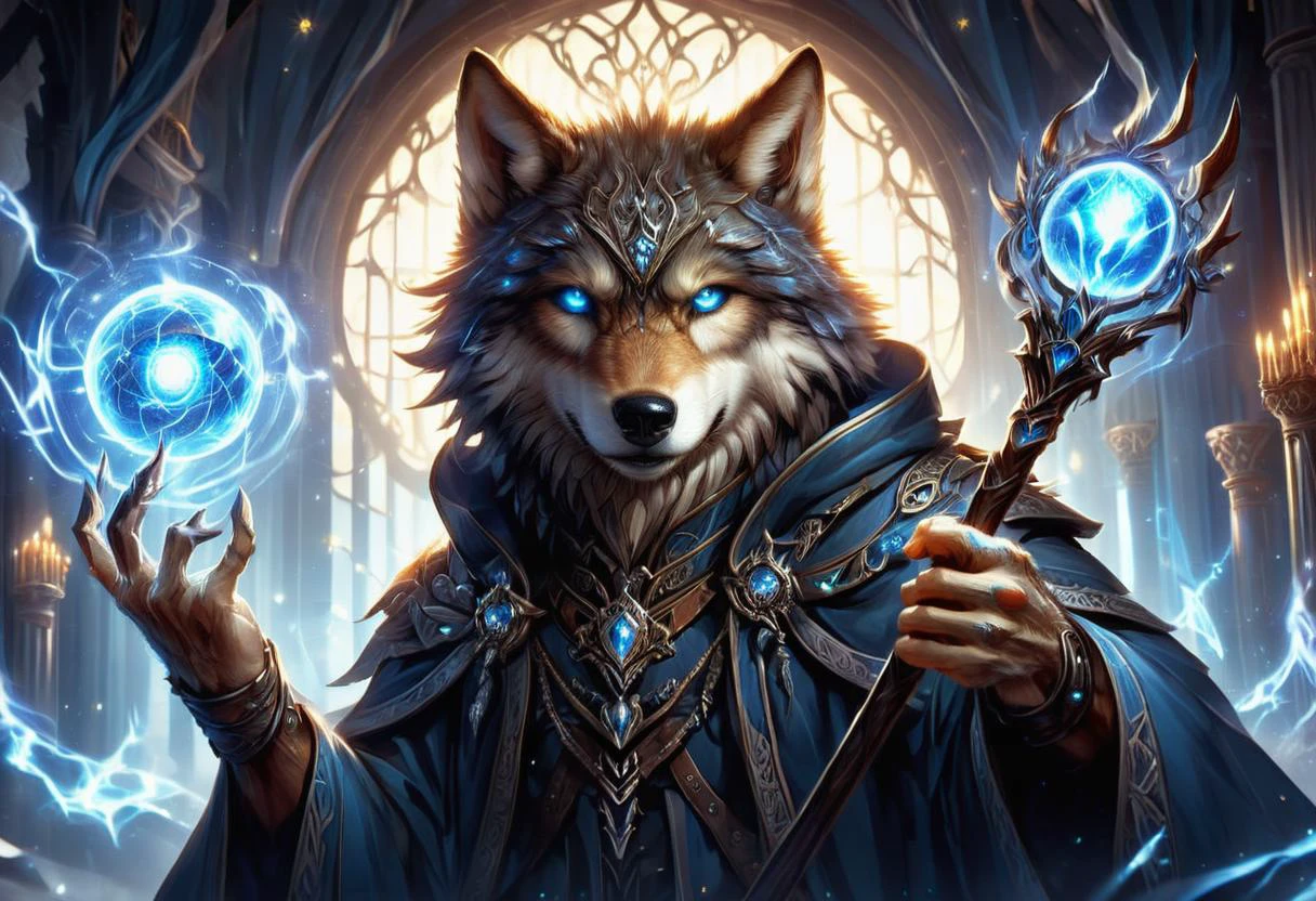 hyper detailed masterpiece, dynamic, awesome quality, orbstaff male werewolf, lycanthropes, mythical creature, humanoid wolf-like form, full moon, hairy furry skin, fangs, wolf ears, wolf-like face, twenty-something ripped, indigenous peoples of the america, chestnut eyes, elongated ears, pointed chin, overbite jaw, symmetrical forehead, diamond face shape, sculpted biceps, , light auburn high and tight hair, smile, ritualistic stance, intricate movements in ceremonial magic, clairvoyant, shadow manipulation (creating and controlling shadows) , hands clasped, calling upon forces from the mystical realms, radiant aura, radiant aura, a gate forged from pure crystal, refracting light and casting mesmerizing patterns on its surroundings, <lora:XL_Weapon_Orbstaff_-_By_HailoKnight:1>