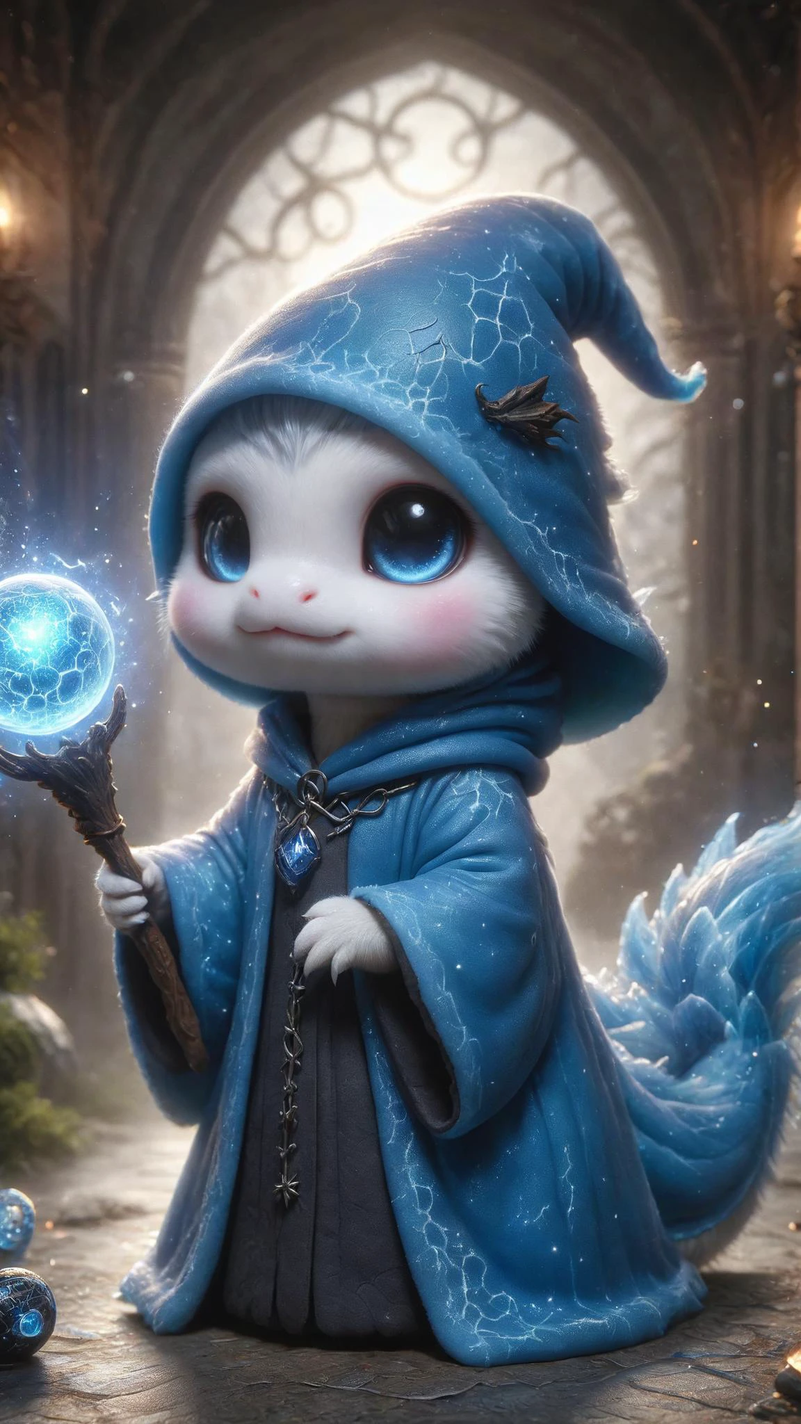 frost ral-smoldragons wearing a blue wizard robe, pointy blue wizard hat, wielding a blue orbstaff, centered image, symmetrical, <lora:ral-smoldragons:1> <lora:XL_Weapon_Orbstaff_-_By_HailoKnight:0.6>