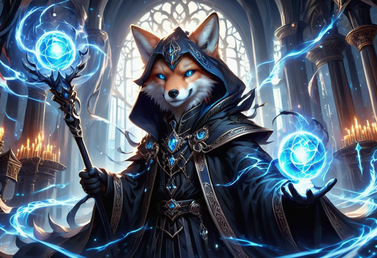 hyper detailed masterpiece, dynamic, awesome quality, orbstaff male kitsune, fox spirit,fox with multiple tails, power, magical enchanting aura,supernatural alluring eyes white and red, intelligence, trickery,wisdom, supernatural feats, ager angular, southeast asian, steel gray eyes, curved nose, high jawline, symmetrical cheeks, receding forehead, sculpted biceps, , strawberry blonde buzz cut hair, smile, arcane balance, balanced posture, drawing from inner magic, wearing parchment,celestial sorcerer's attire, pendant enflame (bluish-black spore print enrapture,evolve ,hypnotic,convection,plasma,cube,electric waterspouts magic:1.0), leaping in mid-air, casting a counter-spell, otherworldly glow, ethereal light, an oppressive darkness that engulfs everything, leaving no room for hope or redemption, <lora:XL_Weapon_Orbstaff_-_By_HailoKnight:1>
