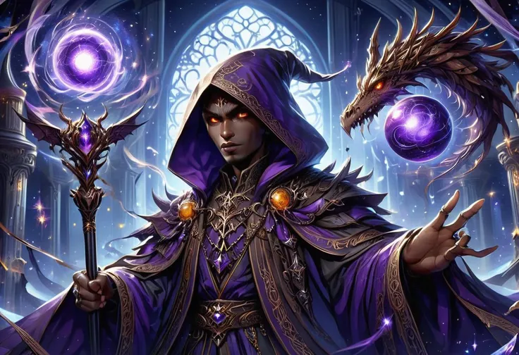 hyper detailed masterpiece, dynamic, awesome quality, orbstaff female male vampire, legendary creature, force, power, blood, undead, beautyful, alluring, night, moon, fangs, fantasy, fifty-something, elegant, african, steel gray eyes, dimpled cheeks, angular forehead, , purple chignon hair, relief, aligned with celestial bodies, drawing power from the stars above, griffin wings wearing zigzag mesh bluish-yellow spore print cropped pants, rust kimono top, peep-toe heels, knapsack , enthrall (swirling,bluish-brown spore print fascinate ,broken lines,star,liquid crystal,brocade translation,gravity manipulation magic:1.0), aligned with celestial bodies, drawing power from the stars above, enchanted moonlight, <lora:XL_Weapon_Orbstaff_-_By_HailoKnight:1>