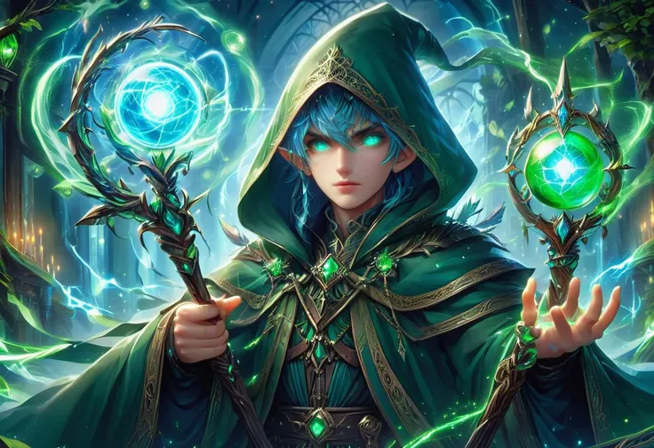 hyper detailed masterpiece, dynamic, awesome quality, orbstaff female hundred years old, slim, european, emerald eyes, smooth cheeks, round face shape, articulate fingers, , blue blunt bangs hair, trust, unleashing a barrage of enchanted arrows, arrows glowing with magic, arcanist, gravitational manipulation (controlling gravity fields) , in the midst of a magical storm, controlling the elements around them, enchanted moonlight, <lora:XL_Weapon_Orbstaff_-_By_HailoKnight:1>