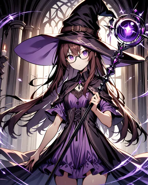 1girl, cowboy shot, standing, long hair, brown hair, purple eyes, black glasses, witch hat, purple dress, short sleeves, holding staff, orbstaff <lora:XL_Weapon_Orbstaff_-_By_HailoKnight:0.7>