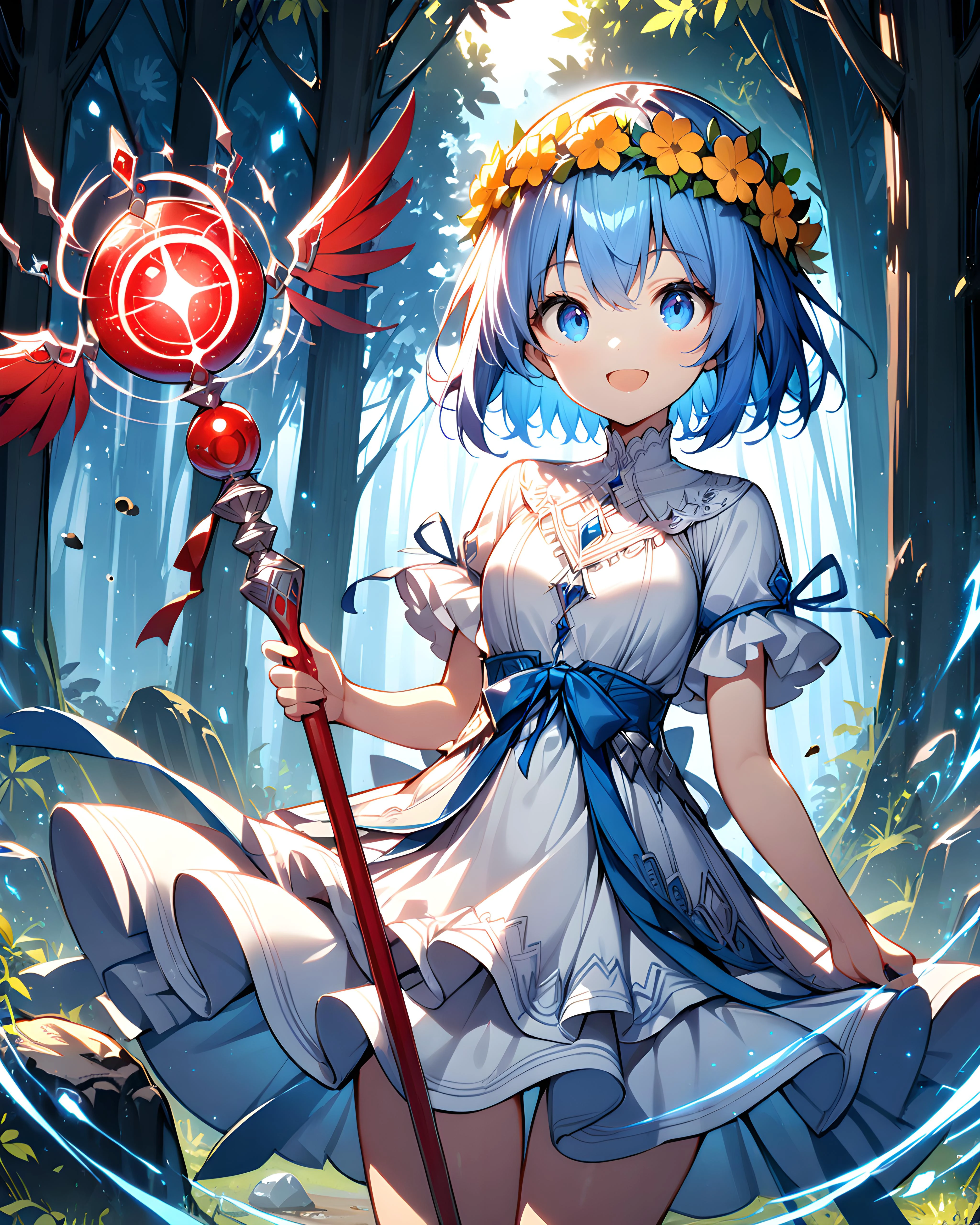 1girl, cowboy shot, standing, short hair, blue hair, blue eyes, head wreath, white dress, frilled dress, short dress, short sleeves, frilled sleeves, open mouth, smile, holding staff, orbstaff, nature, forest, rock, blue sky, sunlight <lora:XL_Weapon_Orbstaff_-_By_HailoKnight:0.7>