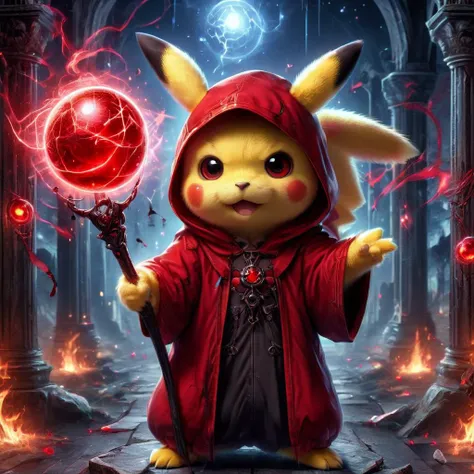 a detailed and realistic image of a Pikachu, wielding a red orbstaff, glowing eyes, casting red magic, graveyard in background, night time, HD, masterpiece, best quality, hyper detailed, ultra detailed, realistic,<lora:XL_Weapon_Orbstaff_-_By_HailoKnight:1>