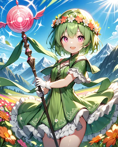 1girl, cowboy shot, standing, short hair, green hair, pink eyes, head wreath, green dress, frilled dress, short dress, short sleeves, frilled sleeves, white gloves, open mouth, smile, holding staff, orbstaff, nature, flower field, mountain, blue sky, sunlight <lora:XL_Weapon_Orbstaff_-_By_HailoKnight:0.7>