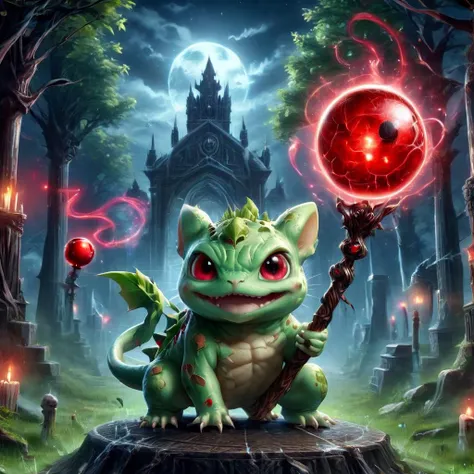 a detailed and realistic image of a Bulbasaur, wielding a red orbstaff, glowing eyes, casting red magic, graveyard in background, night time, HD, masterpiece, best quality, hyper detailed, ultra detailed, realistic,<lora:XL_Weapon_Orbstaff_-_By_HailoKnight:1>