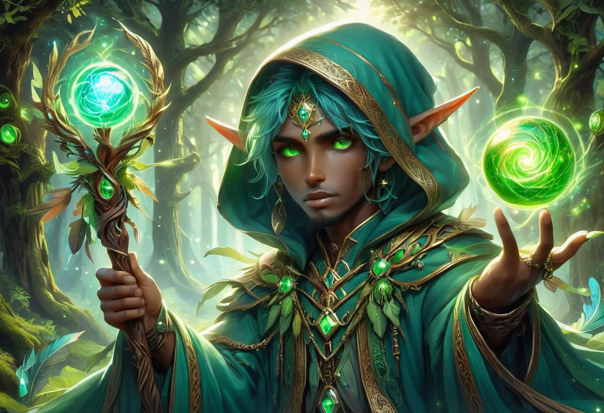 hyper detailed masterpiece, dynamic, awesome quality, orbstaff male dryad, female nature spirit, bark like woody skin texture, leafy viney hair and attire, serene or ethereal expression, green earthy coloration, nature infused eyes, associated trees, embodiment of the forest, carries symbols of nature, aura of natural beauty and grace, ageless graceful, afro-caribbean, hazel eyes, unusual ears, angular nose, round chin, symmetrical cheeks, well-formed back muscles, , teal bald head hair, pity, observing patterns in the movements of magical creatures, decoding their behavior, wearing celestial regalia, mystic embroidered headwrap, school bag cast (burnt umber,ochre illuminating,stun ,solid,arcane crystals,feather trim diffusion,epiphany,hologram haze,convection,pentagonal prism,square,unfathomable magic:1.0), celestial alignment, arms raised to the heavens, invoking cosmic energies, radiant aura, <lora:XL_Weapon_Orbstaff_-_By_HailoKnight:1>