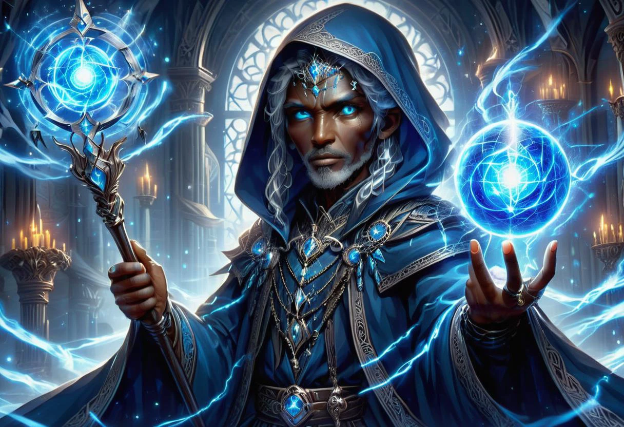 hyper detailed masterpiece, dynamic, awesome quality, orbstaff female hundred years old, firm, african, blue eyes, protruding chin, full cheeks, unique face shape, elongated toes, , silver boho waves hair, relief, elemental channeling, fingers pointed to control elemental energies, clairvoyant, shadow manipulation (creating and controlling shadows) , using a magical compass to seek answers, orienting to magical energies, radiant aura, <lora:XL_Weapon_Orbstaff_-_By_HailoKnight:1>