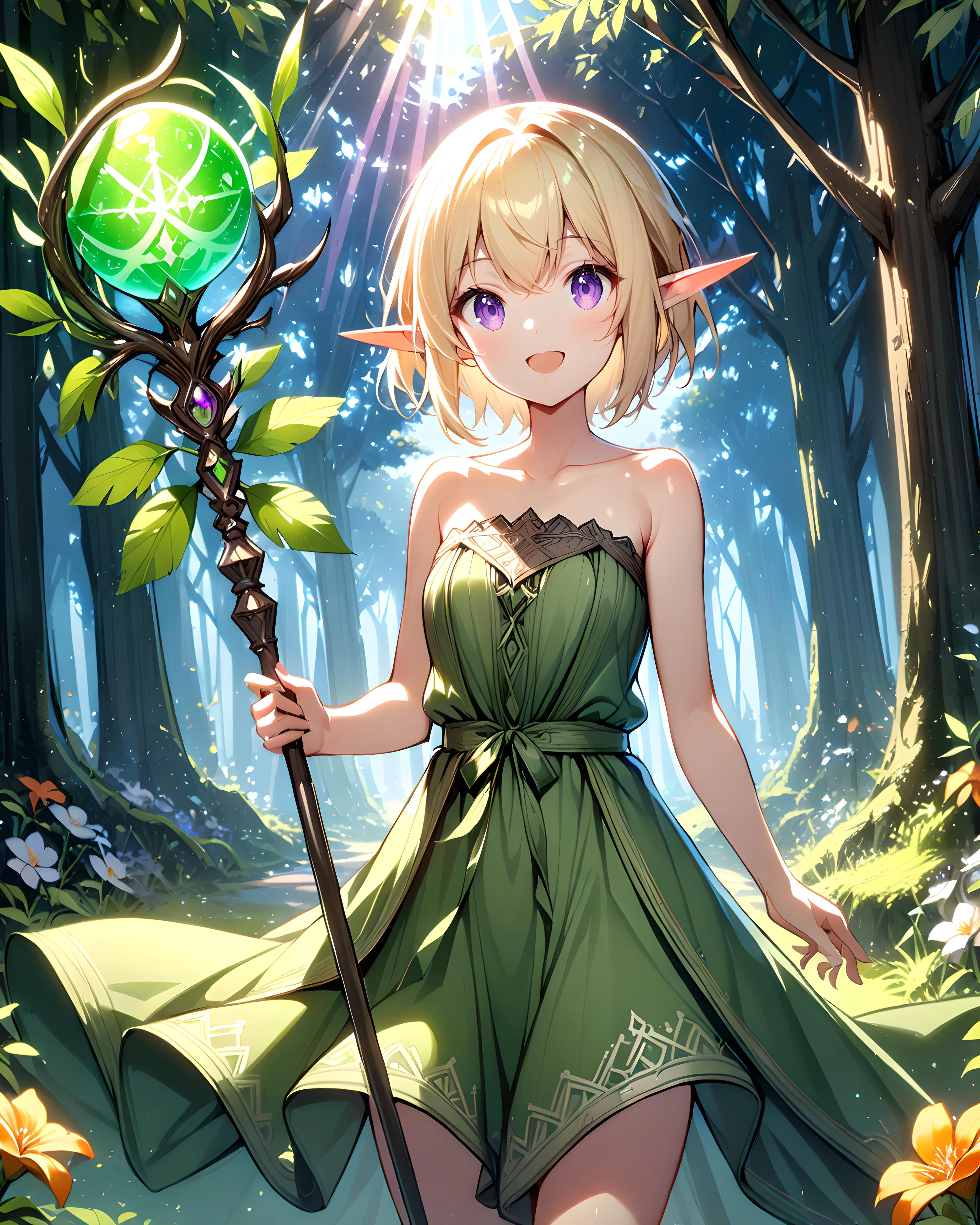 1girl, cowboy shot, standing, short hair, blonde hair, purple eyes, elf, pointy ears, green dress, strapless dress, collarbone, bare shoulders, bare arms, holding staff, orbstaff, open mouth, smile, nature, forest, flower, blue sky, sunlight <lora:XL_Weapon_Orbstaff_-_By_HailoKnight:0.7>