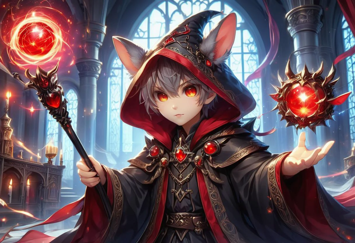 hyper detailed masterpiece, dynamic, awesome quality, orbstaff female mouse baer, cute furry fuzzy creature, alluring gaze, fairy tail, ethereal, fantastic, playful expression, enchanting, guardian spirit, aging gracefully, shapely, polynesian, gray eyes, downturned ears, pear face shape, , red feathered haircut hair, rage, wand waving, swirling motions with a magical wand, wearing oracle draped skirt, fairy capes, espadrilles, wide-brimmed hat, body chain enshroud (vinyl siding vibration,electric current,ruby ephemeral,summon ,convection,hilbert curve,colloids,pentagonal prism,rectangle,celestial,vibrant,zigzag lines,dotted lines,st. elmo's fire magic:1.0), engaged in astral projection, seeking knowledge from beyond, halo, hogwarts school of witchcraft and wizardry, basalt stone,cob, bioluminescent fungi, moving head lights, <lora:XL_Weapon_Orbstaff_-_By_HailoKnight:1>