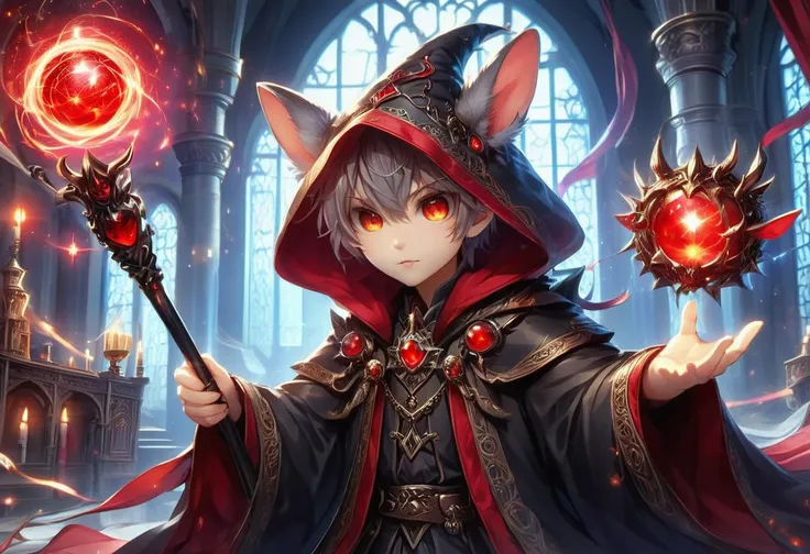 hyper detailed masterpiece, dynamic, awesome quality, orbstaff female mouse baer, cute furry fuzzy creature, alluring gaze, fairy tail, ethereal, fantastic, playful expression, enchanting, guardian spirit, aging gracefully, shapely, polynesian, gray eyes, downturned ears, pear face shape, , red feathered haircut hair, rage, wand waving, swirling motions with a magical wand, wearing oracle draped skirt, fairy capes, espadrilles, wide-brimmed hat, body chain enshroud (vinyl siding vibration,electric current,ruby ephemeral,summon ,convection,hilbert curve,colloids,pentagonal prism,rectangle,celestial,vibrant,zigzag lines,dotted lines,st. elmo's fire magic:1.0), engaged in astral projection, seeking knowledge from beyond, halo, hogwarts school of witchcraft and wizardry, basalt stone,cob, bioluminescent fungi, moving head lights, <lora:XL_Weapon_Orbstaff_-_By_HailoKnight:1>