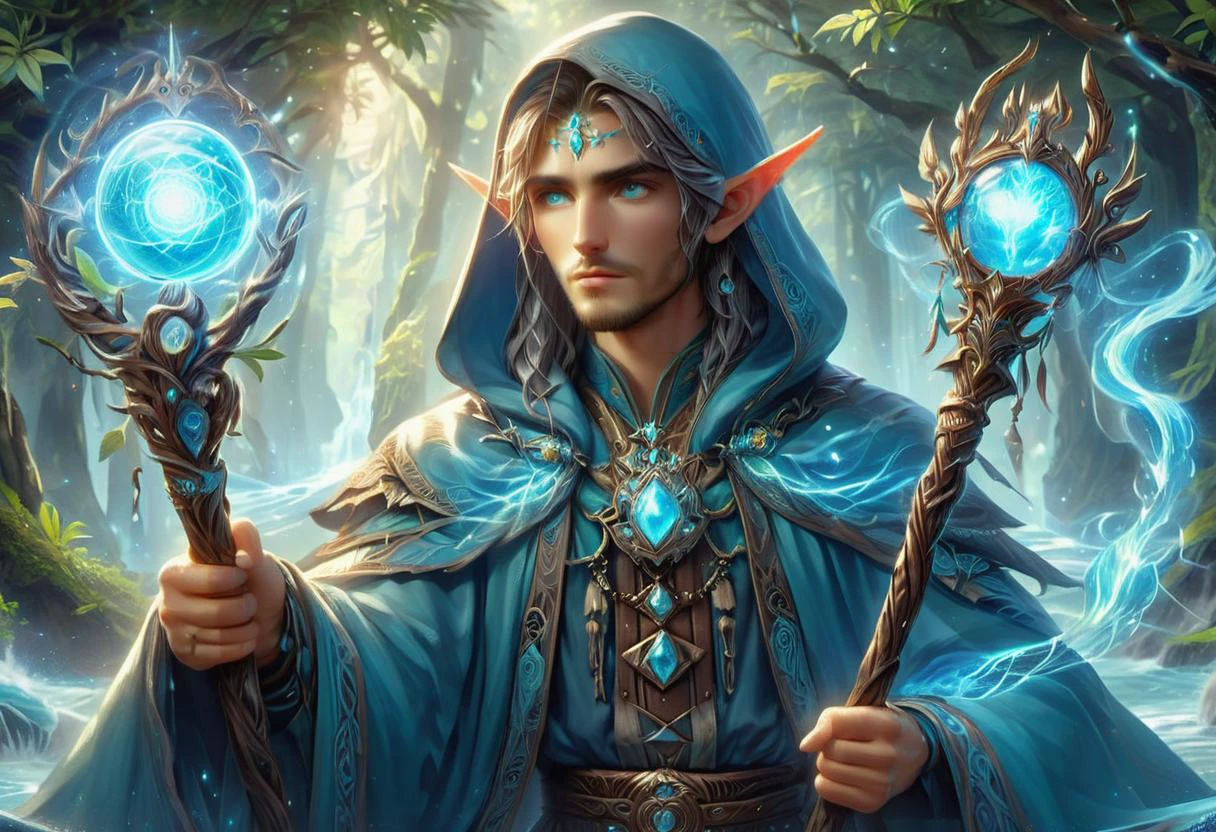 hyper detailed masterpiece, dynamic, awesome quality, orbstaff male early twenties sleek, native hawaiian, light brown eyes, wide chin, asymmetrical cheeks, narrow forehead, sculpted cheekbones, , pastel blue wavy hair hair, regret, holding a sacred relic aloft, channeling its sacred energies, druid, healing waters , balancing on a narrow precipice, honing balance and magical stability, radiant aura, <lora:XL_Weapon_Orbstaff_-_By_HailoKnight:1>