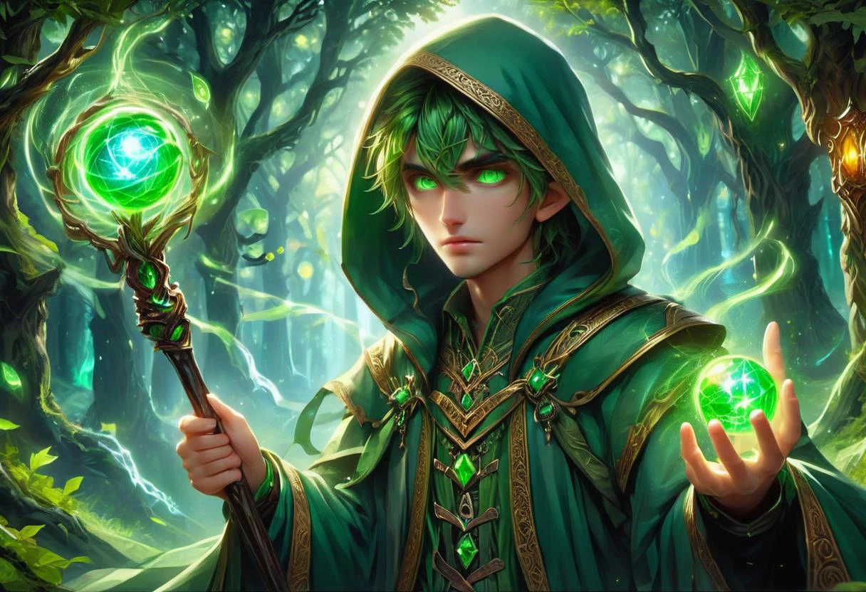hyper detailed masterpiece, dynamic, awesome quality, orbstaff male legal age slim, south asian, green eyes, angular nose, pointed chin, overbite jaw, low cheekbones, asymmetrical forehead, petite frame, tear ducts, emerald green long textured comb-over hair, boredom, summoning stance, arms raised, calling upon mystical forces, griffin wings wearing patchwork pleated corduroy pants, tweed red ochre batik henley hoodie, athletic shoes, fedora, bewitch (neural transcendence,permanent sap green,lemonzest grimoire,enthralling ,seraphic halo beams,cutting mat vibration,diagonal lines,liquid crystal,octahedron,trapezoid magic:1.0), in the midst of a magical storm, controlling the elements around them, halo, enchanted woodsman's retreat, brick,schist stone, fireflies,led outdoor lights, solar garden lights', <lora:XL_Weapon_Orbstaff_-_By_HailoKnight:1>
