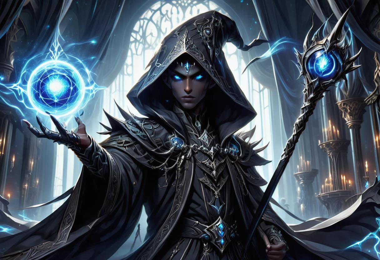 hyper detailed masterpiece, dynamic, awesome quality, orbstaff male male dark elf, fictional elfish individual, slender agile build, pale skin tone, sharp features, pointed ears, white hair, dark intricate rich ornamented armor, subterranean environments, elusive mysterious, dark nature, fantasy, late twenties muscular, african, steel gray eyes, round nose, tapered chin, strong jaw, widows peak forehead, rectangular face shape, , black pompadour hair, admiration, veil of illusion, hands covering face, concealing or revealing magic, nanomancer, control over energy forms, retro cyberpunk , veil of illusion, hands covering face, concealing or revealing magic, glowing runes, <lora:XL_Weapon_Orbstaff_-_By_HailoKnight:1>