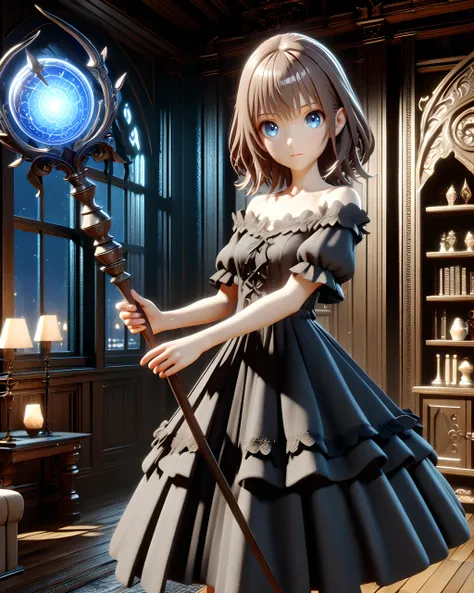 1girl, 3D render, black dress, medium hair, brown hair, blue eyes, frilled dress, short sleeves, frilled sleeves, collarbone, holding staff, orbstaff, indoors, window, night, night sky <lora:XL_Weapon_Orbstaff_-_By_HailoKnight:0.7>
