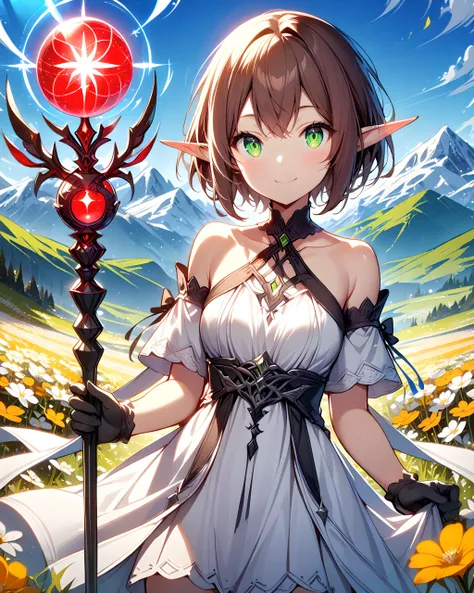 1girl, cowboy shot, standing, short hair, brown hair, green eyes, elf, pointy ears, white dress, halter dress, detached sleeves, short sleeves, black gloves, collarbone, bare shoulders, closed mouth, smile, holding staff, orbstaff, nature, flower field, mountain, blue sky, sunlight <lora:XL_Weapon_Orbstaff_-_By_HailoKnight:0.7>