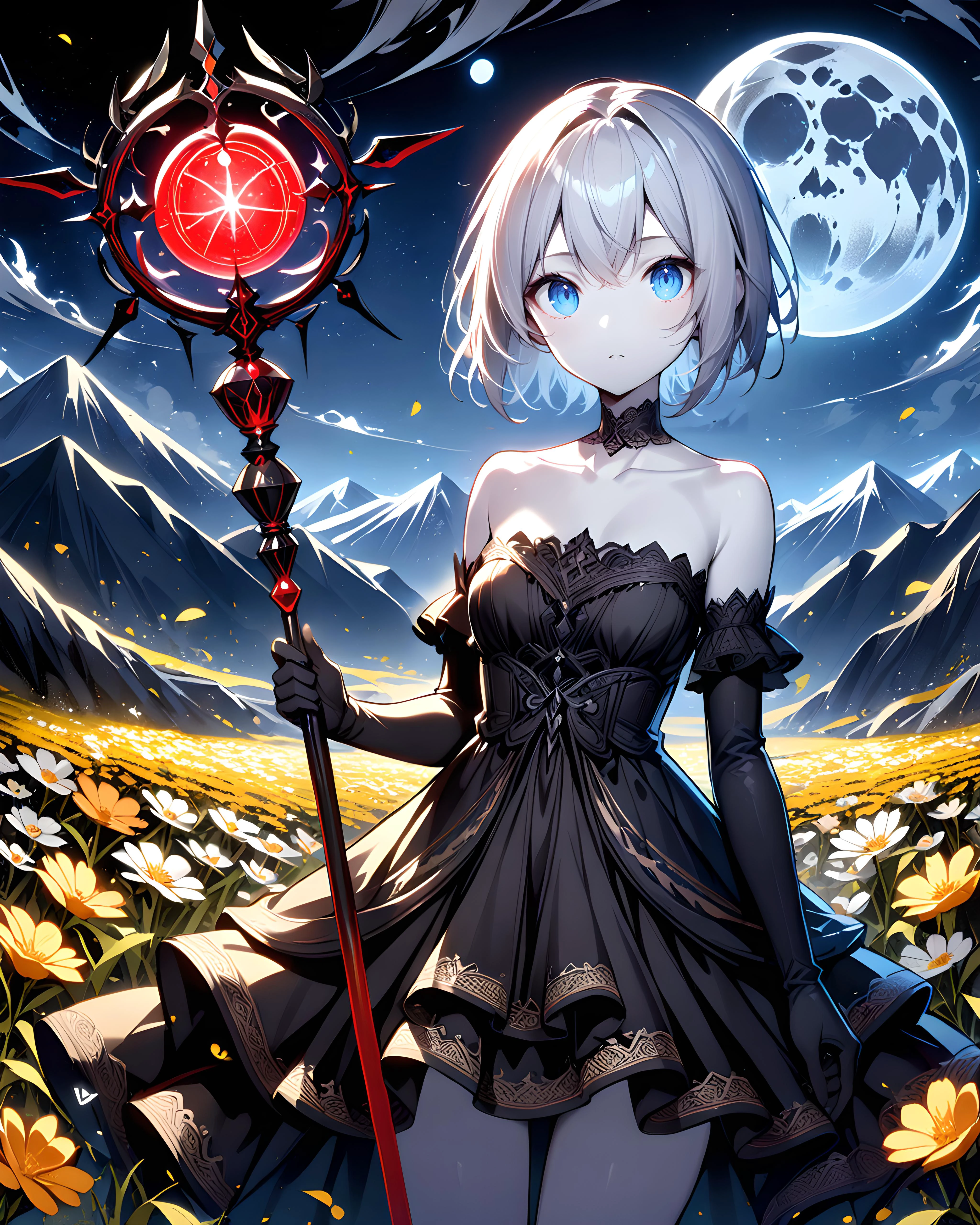 1girl, cowboy shot, standing, short hair, silver hair, blue eyes, pale skin, black dress, frilled dress, strapless dress, black elbow gloves, collarbone, bare shoulders, holding staff, orbstaff, nature, flower field, mountain, full moon, moonlight, night, night sky <lora:XL_Weapon_Orbstaff_-_By_HailoKnight:0.7>