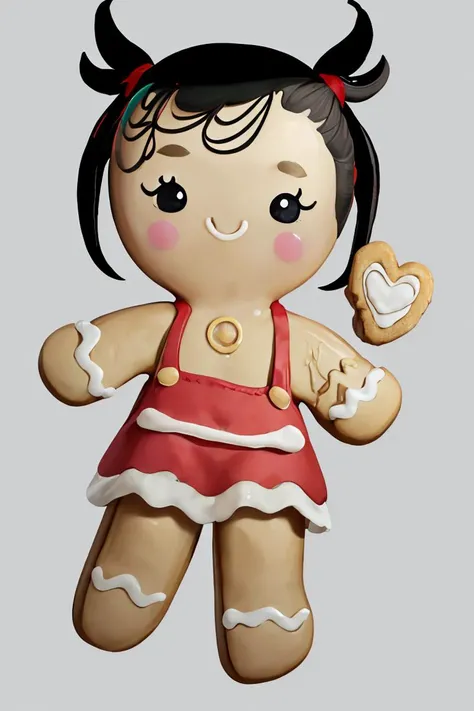 ((masterpiece,best quality)), absurdres,
<lora:Gingerbread_Man:1>, Gingerbread_Man, food, cookie, food focus,
simple background,  grey background,
1girl,
<lora:marnie_v1:0.7>, hmmarnie, red ribbon, pink dress, black hair,