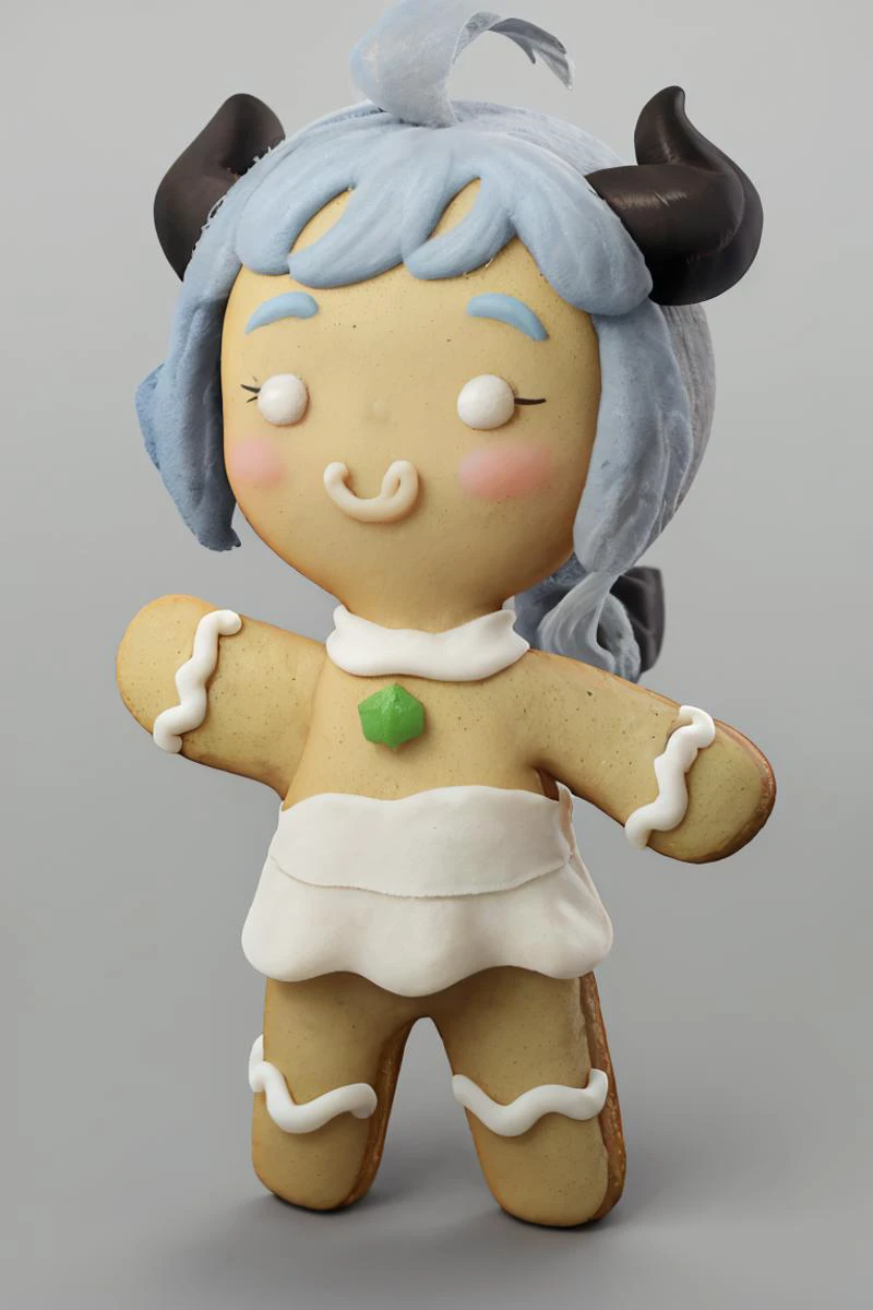 ((masterpiece,best quality)), absurdres,
<lora:Gingerbread_Man:1>, Gingerbread_Man, food, cookie, food focus,
simple background, grey background,
1girl,
<lora:ganyu_v1:0.5>, aaganyu, blue hair, ponytail, ahoge, horns, white dress,