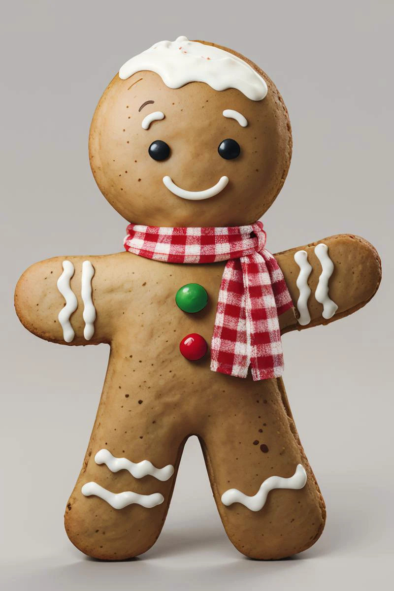 ((masterpiece,best quality)), absurdres,
<lora:Gingerbread_Man:0.8>, Gingerbread_Man, food, cookie, food focus,
simple background, grey background,
smile, full body, scarf, red scarf,