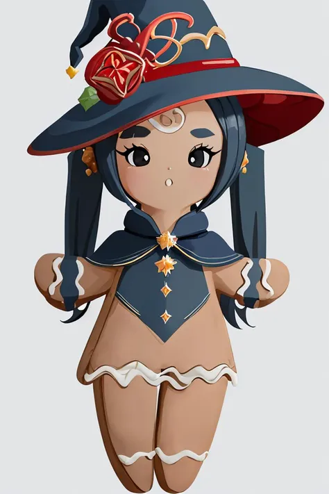 ((masterpiece,best quality)), absurdres,
<lora:Gingerbread_Man:1>, Gingerbread_Man, food, cookie, food focus,
simple background, grey background,
1girl,
<lora:mona_v1:0.4>, aamona, long hair, blue hair, twintails, hair ornament, earrings, witch hat, purple headwear, cape,