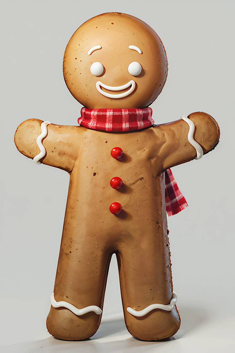 ((masterpiece,best quality)), absurdres,
<lora:Gingerbread_Man:0.8>, Gingerbread_Man, food, cookie, food focus,
simple background, grey background,
smile, full body, scarf, red scarf,
