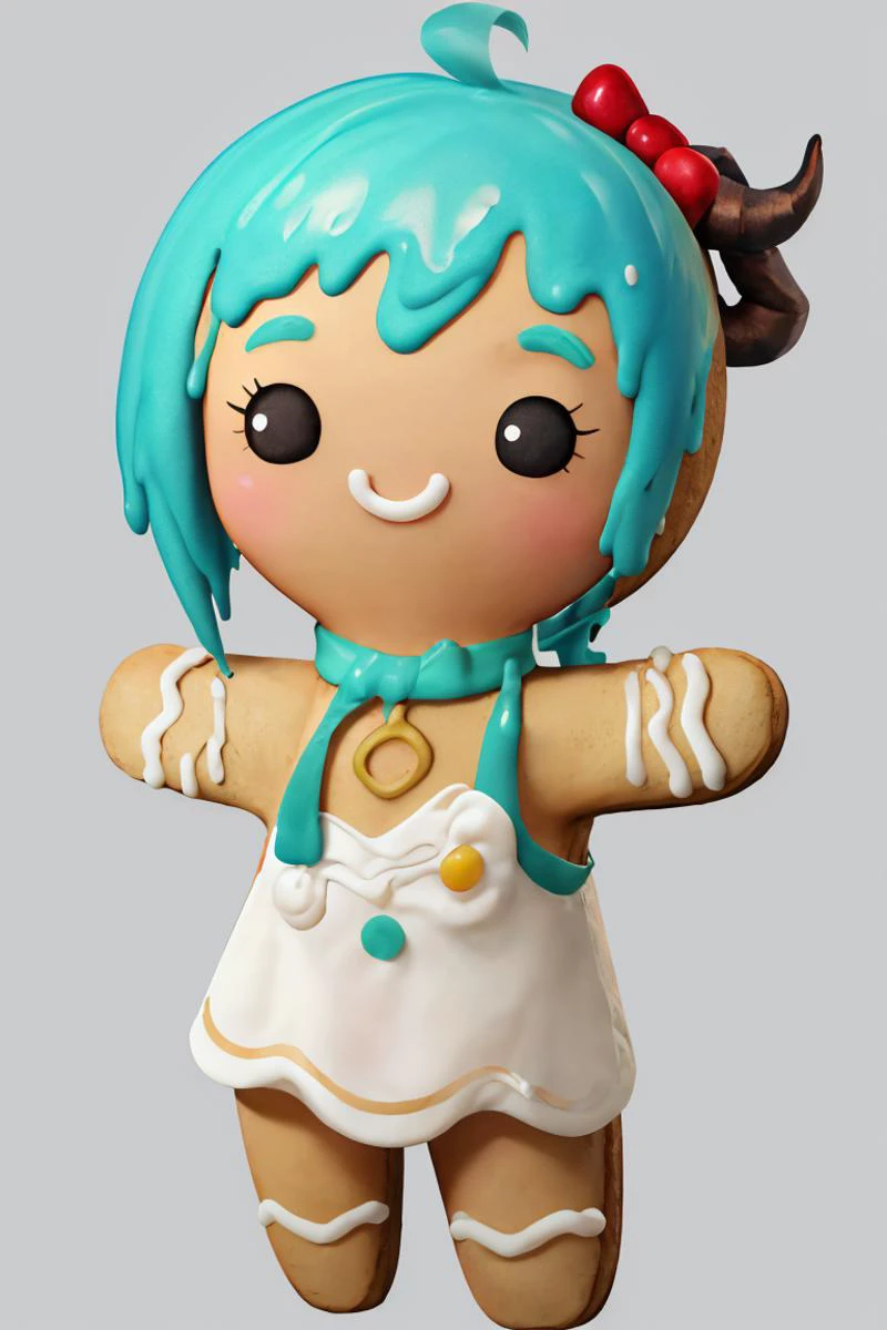 ((masterpiece,best quality)), absurdres,
<lora:Gingerbread_Man:1>, Gingerbread_Man, food, cookie, food focus,
simple background, grey background,
1girl,
<lora:ganyu_v1:0.5>, aaganyu, blue hair, ponytail, ahoge, horns, white dress,