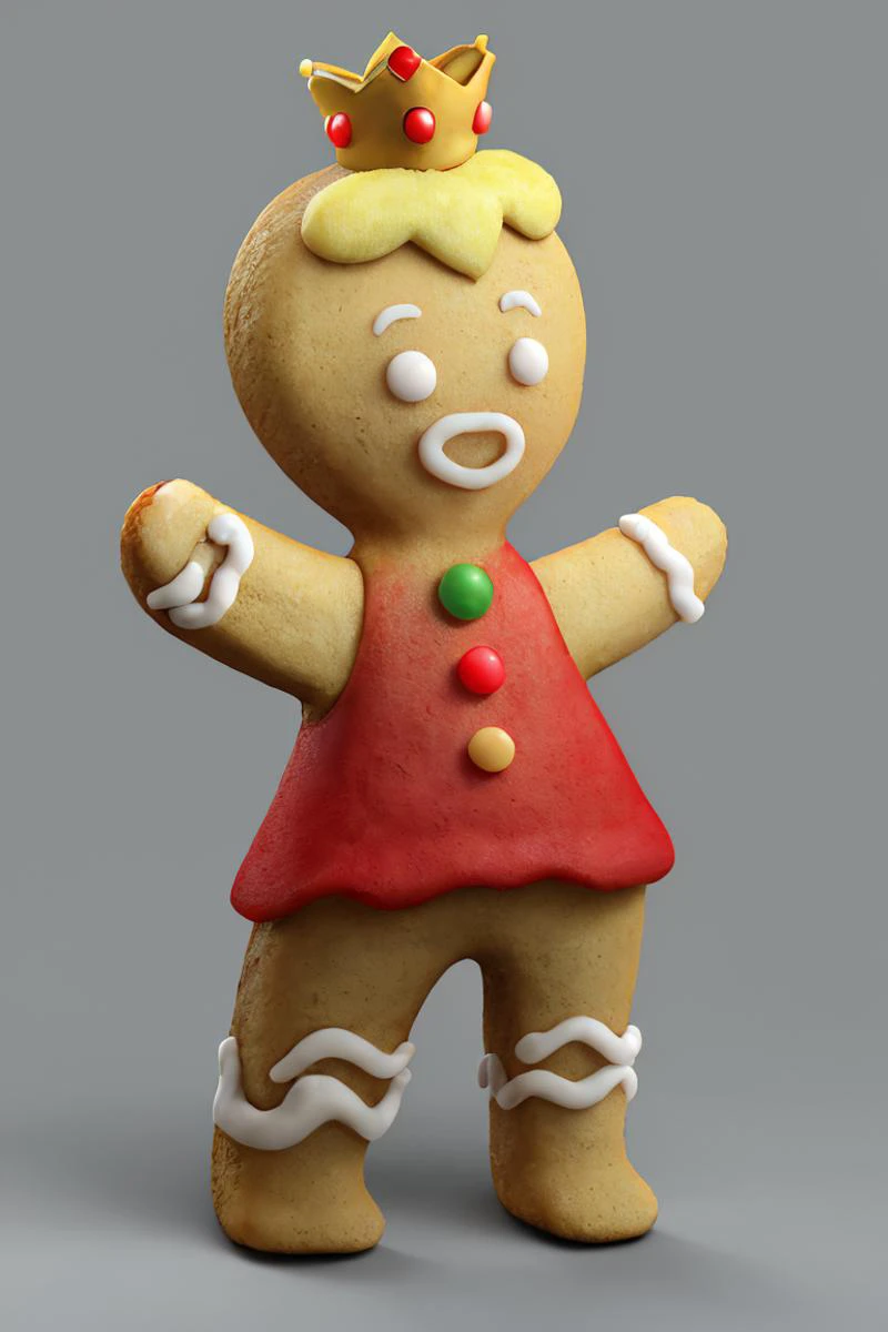 ((masterpiece,best quality)), absurdres,
<lora:Gingerbread_Man:1>, Gingerbread_Man, food, cookie, food focus,
simple background, grey background,
1girl,
<lora:princesspeach-lora-nochekaiser:1> princess peach, blonde hair, crown, pink dress