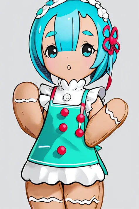((masterpiece,best quality)), absurdres,
<lora:Gingerbread_Man:1>, Gingerbread_Man, food, cookie, food focus,
simple background, grey background,
1girl,
<lora:rem_v1:0.8>,
aarem, blue hair, maid outfit,