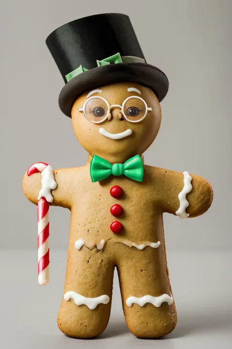 ((masterpiece,best quality)), absurdres,
<lora:Gingerbread_Man:0.8>, Gingerbread_Man, food, cookie, food focus,
simple background,  grey background,
looking at viewer, top hat, bow, standing, full body, glasses, bowtie, candy, green bow, top hat, round eyewear, green bowtie, candy cane