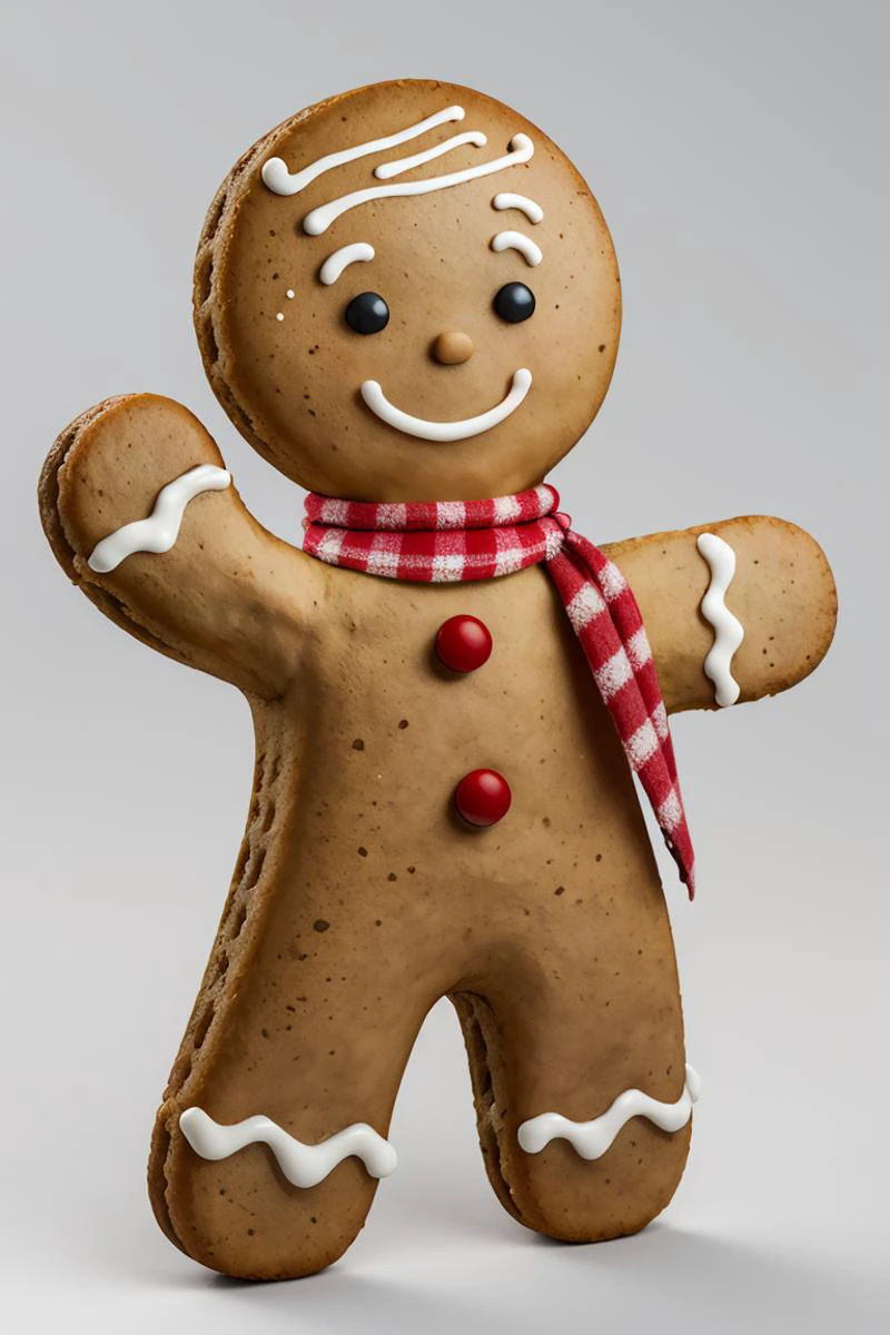 ((masterpiece,best quality)), absurdres,
<lora:Gingerbread_Man:0.8>, Gingerbread_Man, food, cookie, food focus,
simple background, grey background,
smile, full body, scarf, red scarf,