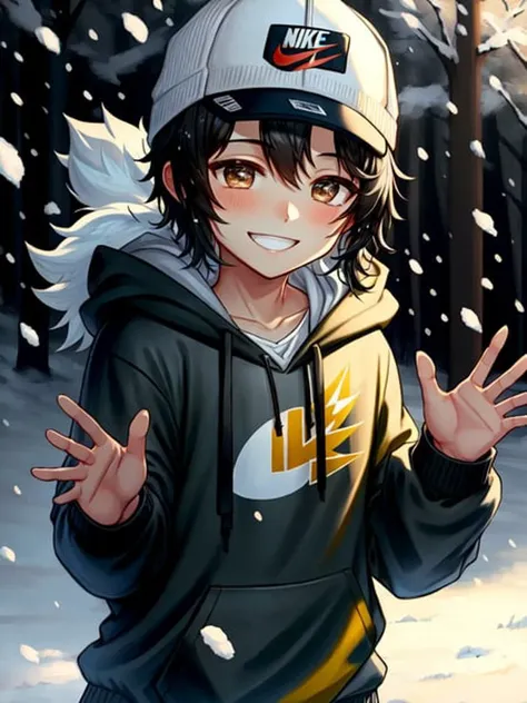 tomboy, black hair, hoodie, smiling, waving, nike hat, snowing, beautiful, cute, blushing, dappled with sunlight