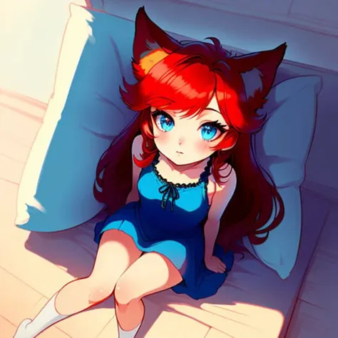 a redhead fox-girl with blue eyes, illustration, cartoon, soothing tones, calm colors