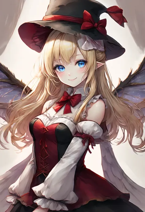 touhou_project lily_white ari_don high_resolution simple_background white_background 1girl blonde_hair blue_eyes bow bowtie clothing dress fairy fairy_wings female hat headwear long_hair long_sleeves looking_at_viewer red_bow red_bowtie red_neckwear smile solo white_dress wide_sleeves wings