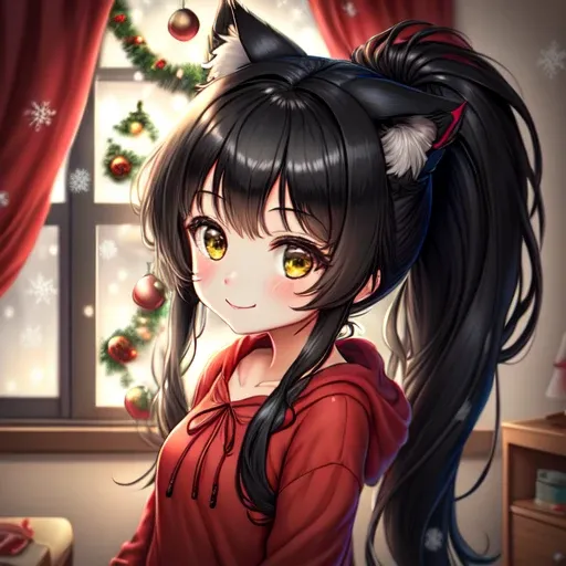 masterpiece, best quality, 1girl, teenager, younger, black hair, cat ears, long messy hair, messy ponytail, Christmas outfit, happy