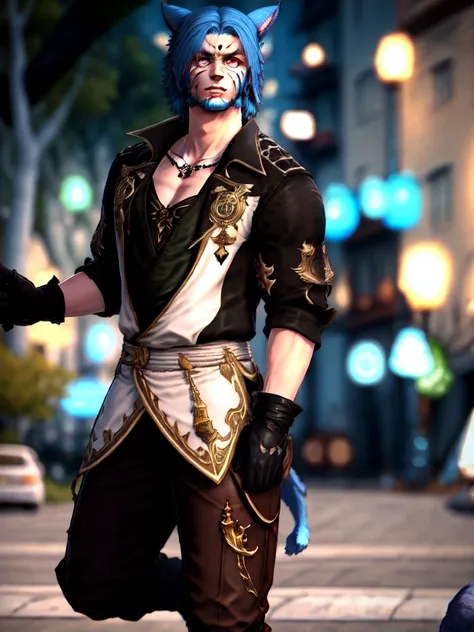 <lora:MaleMiqote:.7>, 1boy, male focus, animal ears, gloves, solo, blue hair, miqo'te, facial hair, cat boy, cat ears, blurry background, bokeh,  outdoors,   hair between eyes, blue eyes, looking at viewer, pants, beard, black gloves,brown pants, facial mark