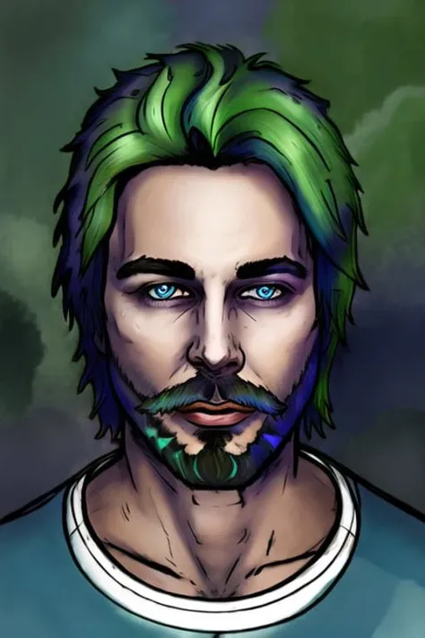 (masterpiece, best quality:1.2),1boy, male focus, solo, <lora:DuskfallArt:.7> , alex brightman as beetlejuice, facial hair, beard, portrait, blue eyes, green hair, looking at viewer, mustache, short hair, digital art,