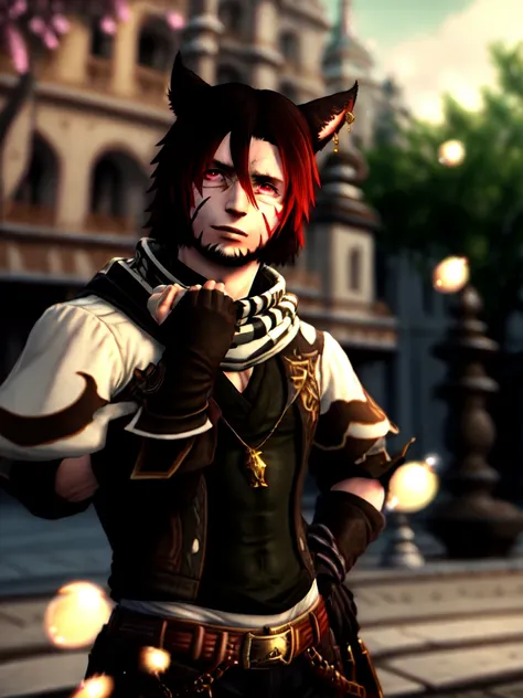 <lora:MaleMiqote:.7>, 1boy, male focus, animal ears, gloves, solo, red hair, scarf, miqo'te, facial hair, cat boy, cat ears, blurry, belt, blurry background, outdoors, hand on hip, multicolored hair, hair between eyes, red eyes, looking at viewer, pants, beard, earrings, bubble, black gloves, two-tone hair, jewelry, brown pants, facial mark