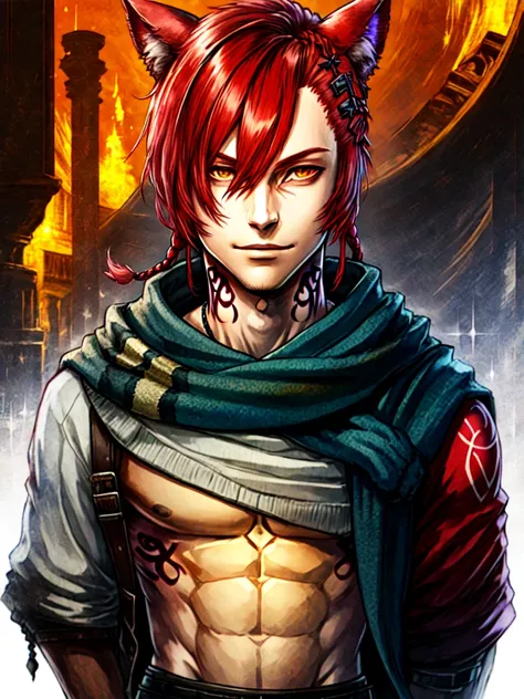 <lora:Copy of last:.5> Graha, (masterpiece),1boy, male focus, red hair, braids, x hair clip, cat ears, sweater,  scarf, neck tattoo