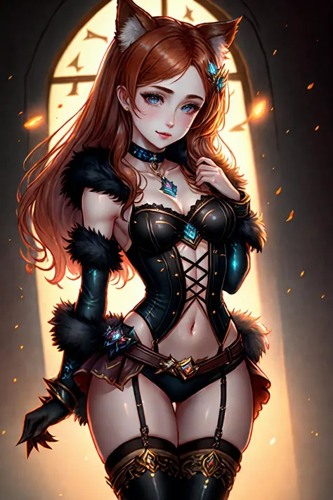 (masterpiece), best quality, detailed and intricate, highres, cg, (realistic),(18yo),extremely detailed eyes, detailed skin, perfect anatomy, (eyeliner:0.5),(blush:0.5), (league of legends\), choker, long hair, crop top, midriff, (claws), fur trim, (holographic clothing:1.2), jacket, black garter belt, black pantyhose, dark background, \ (depth of field:1.1), (ambient light:1.1), an award winning photo, ginger hair, (cat ears:1.1), small breasts,age 18,, full body, masterpiece, (intricate, octane render, highly detailed, 8k, hdr, uhd, high quality, professional, Unreal engine,Trending on artstation), lens flare, shade, small breast, (freckles:0.6), skinny, small hips, small chest, (small waist), perfect face, highly detailed, best quality,petite, 8k eye details,