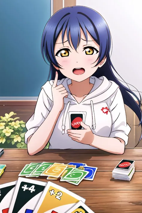 <lora:GoodHands-beta2:1> <lora:LLAS_v30:0.233> <lora:Lovelive:0.233> <lora:veye3:0.167> <lora:LessHighlightEyes:-0.233> <lora:colorize:0.167> <lora:hyperrefiner_v090:0.267>
(best quality:2.0), (highres:2.0), (perfect anatomy:1.4), (beautiful eyes:1.4), (detailed face and eyes:1.2),
(love live!:0.5), (masterpiece:1.2), perfect lighting, vivid color,
(lips:1.1), (huge breasts:1.2), narrow waist, (blush:1.2), (long hair:1.6), straight hair, open mouth,
(1girl:1.2, solo:1.2), (upper body:1.2),
unomeme, across table, playing card game, pov, (white hoodie:1.1)
ADDCOMM
<lora:UmiLL_v1:0.267:0.267:lbw=LBW_LL>
(love live! school idol project:1.4), (Yellow Eyes:1.4), (sonoda umi:1.4), (Blue hair:1.1), swept bangs, hair between eyes,
(embarrassed:1.8), (sanpaku:1.8), (constricted pupils:1.5), narrowed eyes, looking away,
unomeme, across table, playing card game, pov, (white hoodie:1.1)
ADDROW
<lora:unomeme_v1:0.9>
unomeme, across table, playing card game, pov, (white hoodie:1.1)