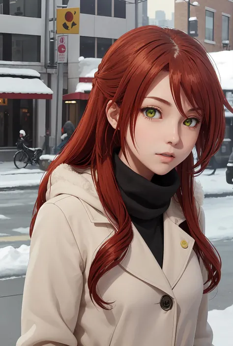 (best quality), (masterpiece), eiko_kawasegawa, long hair, red hair, hair between eyes, bangs, multi-colored eyes, green eyes, yellow eyes, winter clothes, city, looking at viewer, <lora:eiko_kawasegawa:0.7>