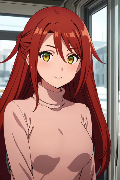 (best quality), (masterpiece), eiko_kawasegawa, long hair, red hair, hair between eyes, bangs, multi-colored eyes, green eyes, yellow eyes, turtleneck, bus, upper body, looking at viewer, smiling, blushing, <lora:eiko_kawasegawa:0.7>