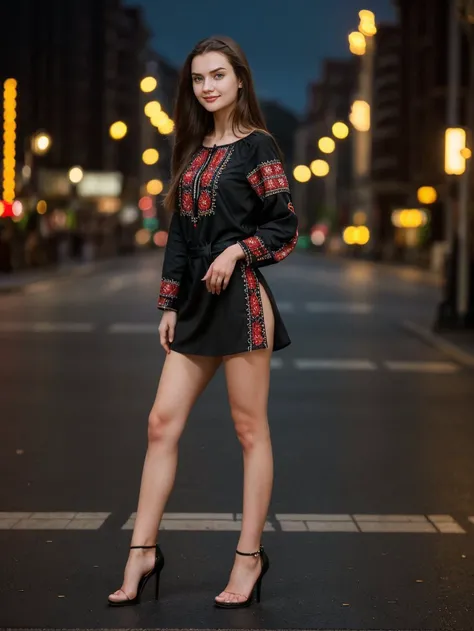 cinematic film still Photo of Georgia_Polina, 167 cm tall, slim body, smile, wearing (edgvyshivanka, edgvyshivanka_style_embroidery), Stiletto Heels, (looking at viewer:1.1), <lora:backlight_slider_v10:1.2>, <lora:epiCRealismHelper:1>, <lora:skin_tone_slider_v1:-1>, empty street at night background, 8K, 16k, uhd, dslr, best quality, high quality, realistic, photo-realistic, ultra-detailed <lora:Georgia_Polina:1> <lora:edgVyshivanka:0.9> . shallow depth of field, vignette, highly detailed, high budget, bokeh, cinemascope, moody, epic, gorgeous, film grain, grainy